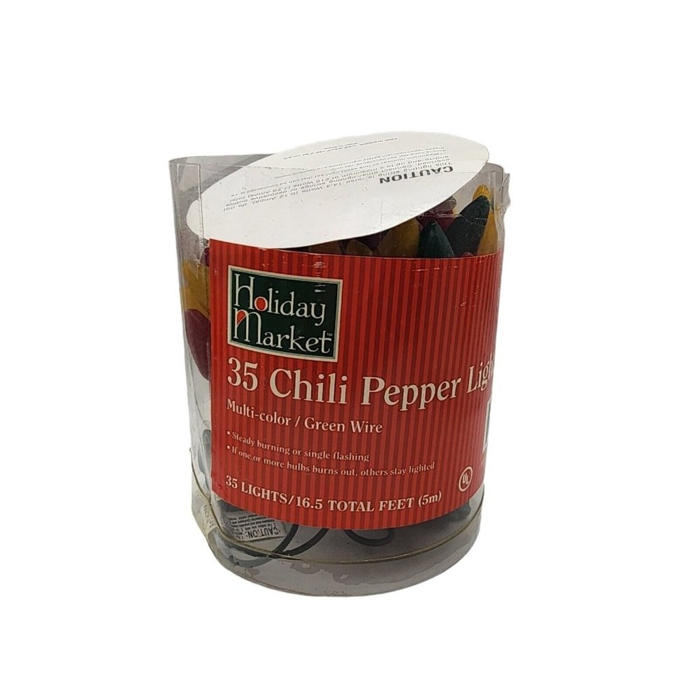 35 Chili Pepper String Light 22.5ft Green Wire Indoor Outdoor Vintage Red Yellow
